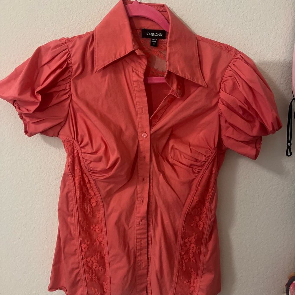Bebe Pink Ruched Blouse with Lace Detail